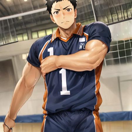 daichi sawamura, solo, 1boy, muscular male, volleyball uniform, shirt, short sleeves, sweating, action pose, volleyball net,