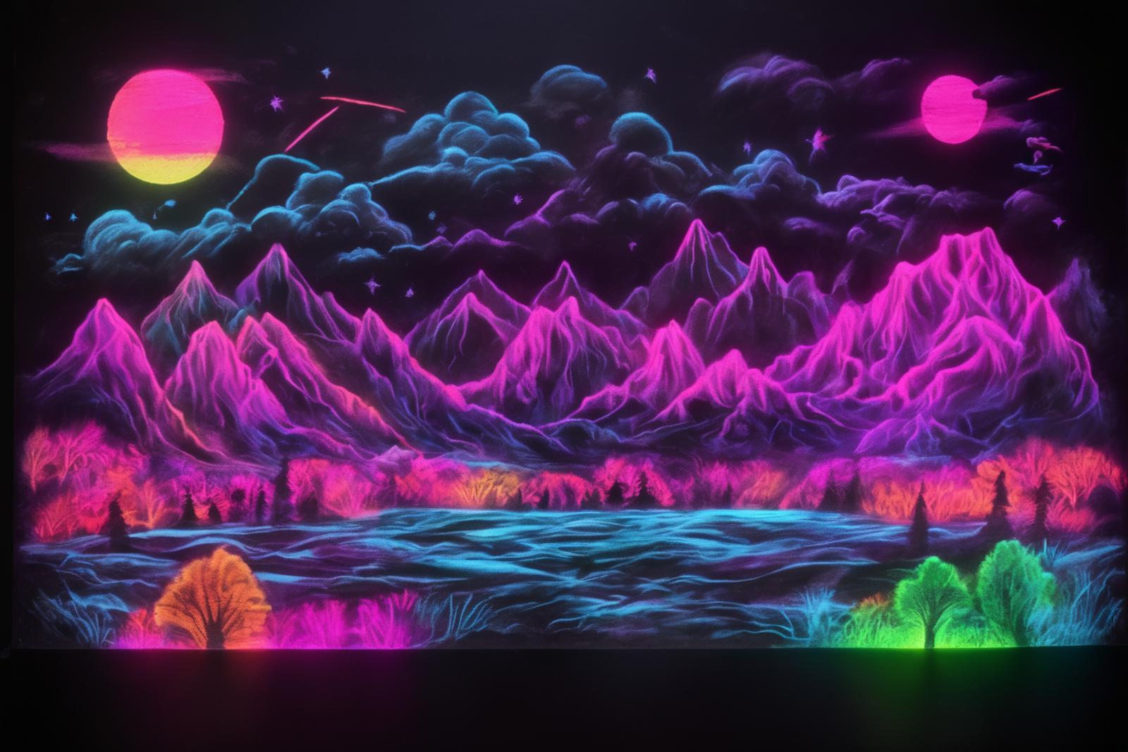 Illustration of a mountain range with pink, blue, and purple hues and a starry sky