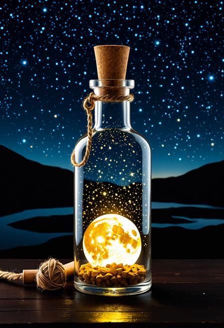 digital artwork depicting a glass bottle filled with glowing, ethereal light. The bottle, made of clear glass, is shaped like a traditional apothecary bottle with a narrow neck and a wide base. It is sealed with a cork stopper, tied with a brown, braided rope that dangles from the neck. The bottle is set against a dark, starry night sky, with numerous tiny, glowing stars scattered throughout the background, adding a mystical and magical ambiance. Inside the bottle, a bright, glowing full moon is visible, casting a warm, golden light that illuminates the inside of the bottle and creates a radiant, almost magical effect. The moon's glow extends outward, creating a halo effect and causing the bottle to appear as if it is filled with a glowing, celestial substance. The bottle rests on a dark, wooden surface, which reflects the light from the moon, adding to the overall enchanting and mystical atmosphere of the scene. The image is a combination of realistic and fantastical elements, creating a surreal and otherworldly visual experience.