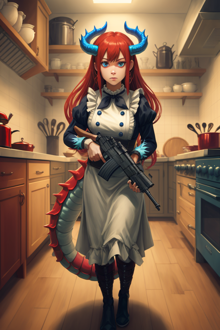 <lora:Kitchen_Dragonmaid-10:0.7>, kitchen_dragonmaid, looking at viewer, holding, full body, weapon, indoors, holding weapon, gun, holding gun, rifle, assault rifle, blue horns