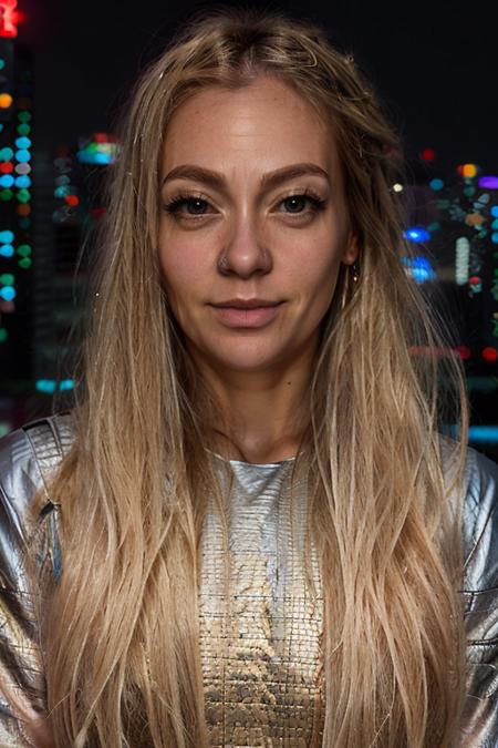 <lora:Cherry_Healey:1> masterpiece, best quality, detailed face, 1girl, solo, realistic, c1873h, long blonde_hair, ninja costume ,  cyberpunk city , dusk