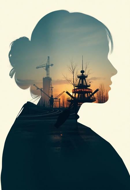 Abstract style dystopian future with elements of an apocalyptic winter inside the silhouette of a womans head and shoulders, that is a double exposure photograph . Non-representational, colours and shapes, expression of feelings, imaginative, highly detailed