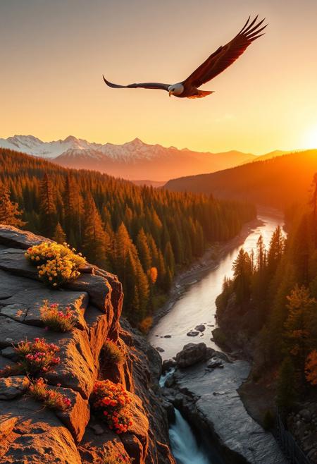 In the warm light of sunset, a majestic eagle soars overhead as the American wilderness unfolds before us. A rugged rocky outcrop, adorned with vibrant wildflowers, overlooks the serene river winding through the valley below. The forest's towering trees, their leaves tinged with autumn's warm hues, stretch towards the sky. A cascading waterfall feeds into the river, its gentle melody a symphony of nature. In the background, snow-capped peaks rise majestically, bathed in the golden light of sunset, their mirrored reflections rippling across the tranquil waters.
The rocky outcrop's rough texture is juxtaposed with the delicate petals of the wildflowers, while the forest's intricate foliage and the eagle's soft plumage contrast with the river's smooth surface. The warm lighting casts a soft glow on the landscape, inviting contemplation and awe. Every element contributes to a harmonious composition that celebrates the grandeur and tranquility of this vast, untamed wilderness.