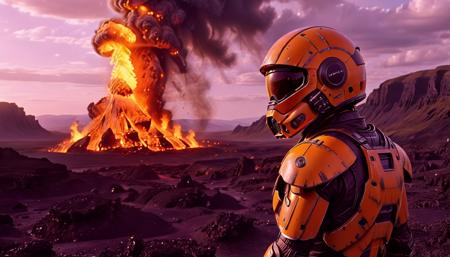 mjhelmet artstyle,  , Film scene featuring dreamyvibes artstyle Person, riding on the back of a giant fire-breathing chicken through a volcanic landscape, shot with dramatic orange hues, highlighting fiery fowl. <lora:2024-04-01 - mjhelmet - 64dim - LoRA.safetensors:1> <lora:Dreamyvibes - Alt-Version - Trigger is Dreamyvibes Artstyle:1>