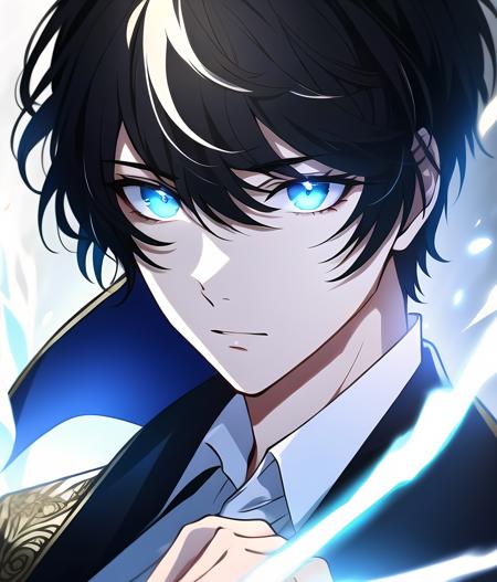 looking at viewer, ((1boy)), male focus, black hair, (detailed hair), ((very short hair)), half-closed eyes, (glowing eyes), blue eyes, outdoors, breaking, closed mouth, ((magic aura)), fantasy, black jacket, highres, superb, 8k wallpaper, extremely detailed, intricate, award-winning, hyper-detailed, hard lighting, intricate details, eyes focus, (illustration:1.1), highres,  trending on artstation, ((dynamic pose)), upper body, manhwa, (((masterpiece))), (highest quality), ((perfect face)), very deep eyes, (cinematic lighting), detailed eyes, best quality,  sidelight, highres, (intricate details), detailed finger