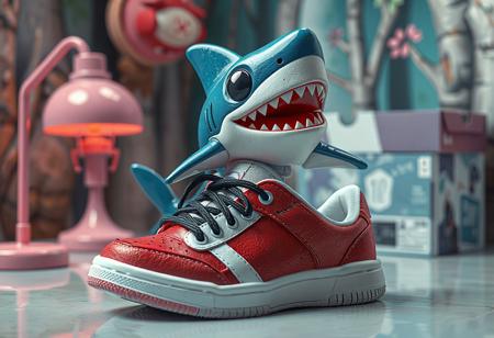 "8K UE5/Octane render of a whimsical 'Hydrojet Shark' (blue/white with black eye/red mouth) perched on red/white sneakers with black laces. Playful composition includes a pink 'Fish Lamp' and 'Naturia Forest' backdrop with partial sneaker box. Hyper-detailed textures, Houdini FX water droplets, and ray-traced reflections. Post-processed with Kodak grain and Grammer Effect vibrancy. Tags: #WhimsicalArt #CharacterDesign #3DRender."