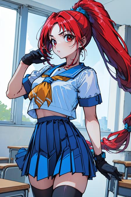 1girl, cowboy shot, classroom, 
karina, red eyes, red hair, low-tied long hair, very long hair, ponytail, high ponytail, hair ornament, gloves, blue sailor collar, school uniform, serafuku, short sleeves, blue skirt, zettai ryouiki, thighhighs,  <lora:Toyoda_Karina_lora_ver1:0.7>, best quality, masterpiece, highres, <lora:GoodHands-vanilla:1>