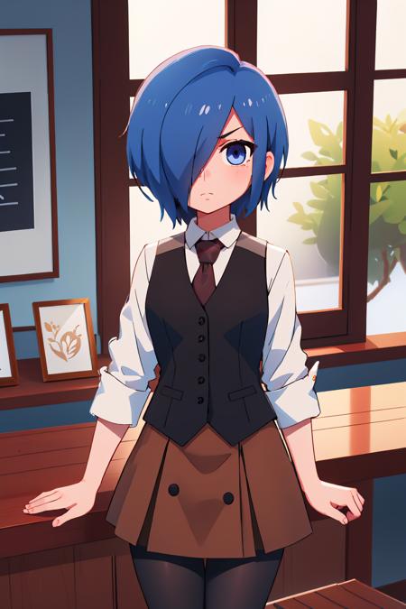 kirishima touka, blue hair, hair over one eye, blue eyes red eyes, colored sclera, black sclera, wings, red wings white shirt, necktie, sleeves rolled up, black vest, brown skirt, pantyhose blue jacket, long sleeves, shorts green hoodie, shorts, red thighhighs