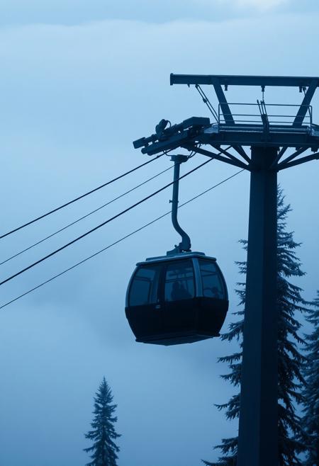 A fog-covered mountain cable car station at dusk, shrouded in cold grey-blue tones. The camera hovers at a high angle, overlooking empty gondola lines vanishing into thick, rolling clouds. A lone cable car slowly emerges from the mist, its interior dimly lit, swaying slightly in the wind. Frost clings to the windows, and the surrounding pine trees stand motionless like shadowy sentinels. No movement, no voices—only the mechanical hum of the cables and the occasional creak of strained metal. Cinematic, 4K, 35mm film grain, desaturated palette, surreal atmosphere—time feels suspended.