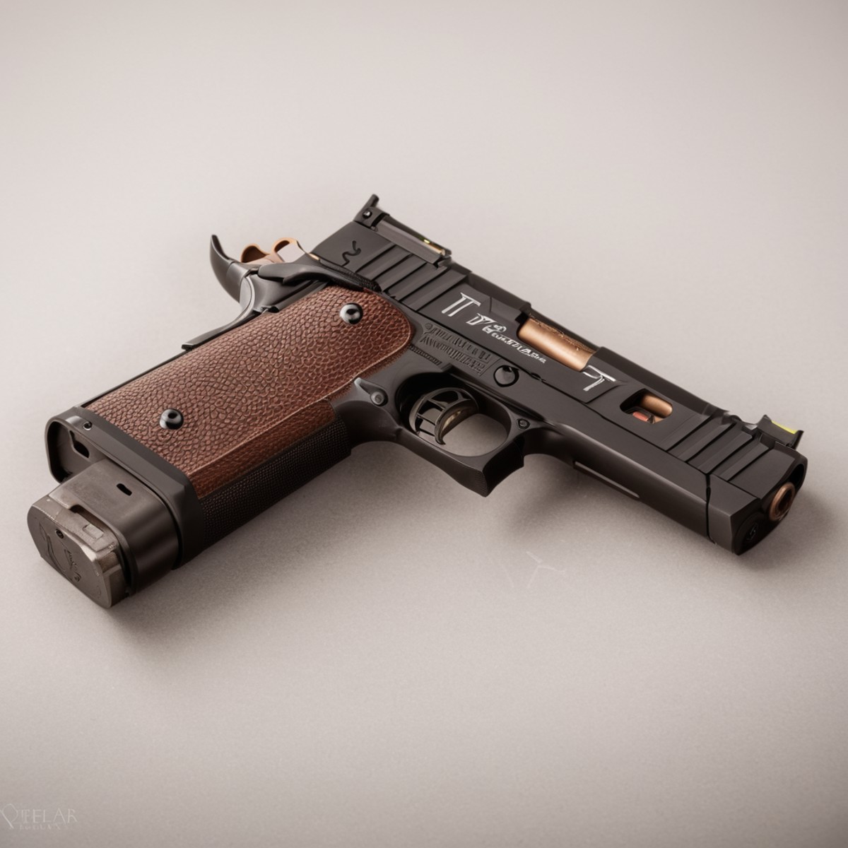 cinematic film still of  <lora:STI 1911:0.8>
STI 1911 pistol hand gun weapon, a black gun with a brown barrel on a white b...