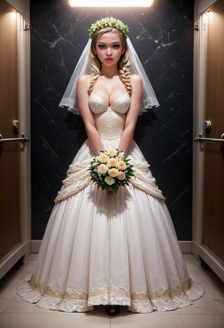 score_9, score_8_up, score_7_up,  1girl (medium full shot) of (vivacious young woman:1.1) bride, swedish with blonde hair in a braid, blue eyes, fair skin, slender,             wearing Lace halter top with pearl accents, chiffon A-line skirt, flower crown, lace-up ballet flats, wedding veil, dainty floral hairpiece,             holding a bouquet of cascading bouquet of cascading amaranthus and trailing greenery, angry at the viewer, her arms are crossed, .set in  public Toilet, Clean, well-lit space with tiled floors, rows of stalls, sinks with mirrors above, hand dryers mounted on the wall, waste bin  , at sunset. .Masterpiece,best quality, photorealistic, amazing quality, very aesthetic, extremely detailed face,
