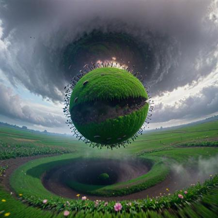 anime key visual, majestic, eye-level shot of a Upside down Asymmetrical ("The Whirlwind of Instinct":1.3) , lush flower field and Asteroid in background, Foggy conditions, equirectangular 360, Fine art, Tranquil, Nintencore, Indirect light, telephoto lens, Monochrome, expressive brush strokes, Instagram, trending on artstation, arthouse