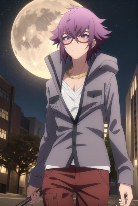 yuuyamirokuji, <lora:yuuya mirokuji s1-lora-nochekaiser:1>,
yuuya mirokuji, purple hair, male focus, sunglasses,
BREAK necklace, chain, jacket, grey jacket, pants, red pants, shirt, white shirt,
BREAK outdoor, city, night, sky, buildings, moon, clouds,
BREAK looking at viewer, (cowboy shot:1.5),
BREAK <lyco:GoodHands-beta2:1>, (masterpiece:1.2), best quality, high resolution, unity 8k wallpaper, (illustration:0.8), (beautiful detailed eyes:1.6), extremely detailed face, perfect lighting, extremely detailed CG, (perfect hands, perfect anatomy),