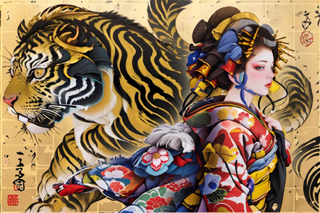 1girl, solo, looking at viewer, black hair, hair ornament, japanese clothes, hand up, kimono, sash, makeup, obi, floral print, lipstick, yellow background, new year, red lips, red kimono, print kimono, chinese zodiac, tiger, kanzashi, year of the tiger,
nipples, nude, sexy, see through,
 <lora:tamurayoshiyasu-04:1>