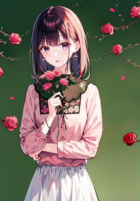 1girl, bangs, bare_tree, bouquet, braid, branch, brown_hair, earrings, eyebrows_visible_through_hair, floral_print, flower, grey_background, holding, holding_flower, jewelry, leaf, long_hair, long_sleeves, looking_at_viewer, parted_lips, pink_flower, pink_rose, plant, purple_flower, red_flower, rose, shirt, solo, thorns, tree, upper_body, vines, white_flower, white_rose <lora:style_Hiten:0.8>