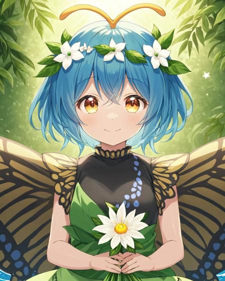 eternity larva,1girl, solo, fairy, butterfly_wings, antennae, green_dress, smile, holding_flower, multicolored_dress, closed_mouth, white_flower, leaf_on_head, upper_body, looking_at_viewer, water_drop
<lora:eternity_larva_image1690_2023-12-20:1>,star-shaped_pupils,symbol-shaped_pupils,. gorgeous,key visual, vibrant, studio anime,award-winning, professional, highly detailed,high budget, cinemascope