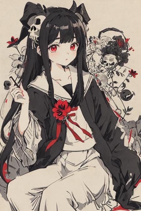 masterpiece, best quality, flat color, limited palette, low contrast,
1girl, serafuku, long straight black hair,
lycoris flower, goat skull,
(red, black)