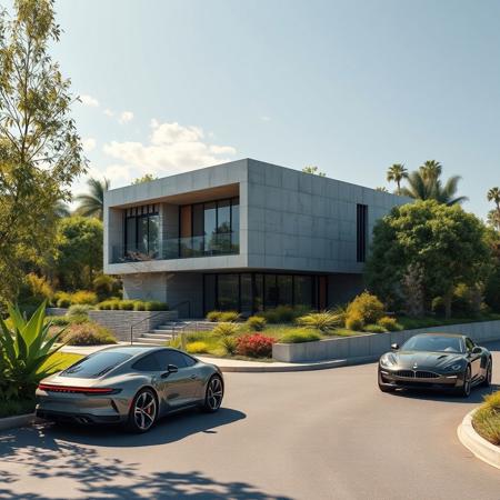 concrete modern house in a city land, there are house and building luxuriant vegetation around, some street with futuristic cars, photorealist, masterpiece, 4k, high details, background a sunny day, some people very happy. The proportions of the objects are perfect