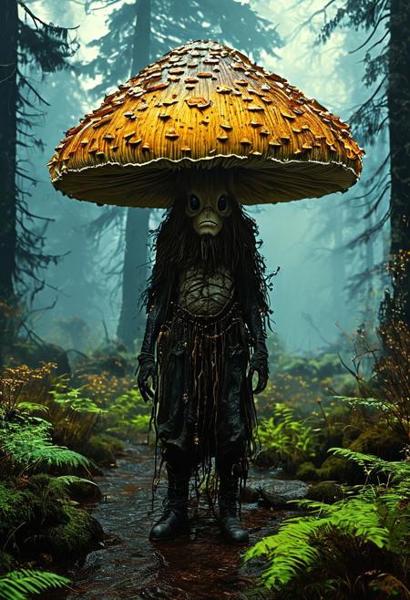 In the tranquil yet eerie expanse of the Darkroot Garden, a Large Mushroom Person ambles with a slow, deliberate pace. Its stout, fungal body and cap-like head give it an almost whimsical appearance, belying the formidable strength within. When provoked, it defends its territory with surprising agility, its punches carrying the weight of the ancient forest itself., 
Inspired by dark fantasy, featuring sinister religious motifs in a gritty, oil painting style, evoking a sense of mystery and foreboding with deep, dark hues
, in the style of an old 80's VHS dark fantasy, VHS screen grab, grainy, old footage