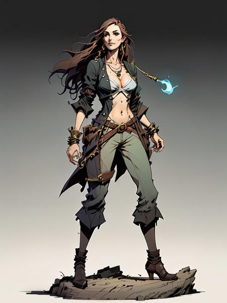 old pirate with pipe, 1girl, long hair, standing, (full body:1.5), hero pose,exaggerated proportions, intricate character design, sense of nostalgia, exaggerated features, memorable look, consistent, coherent, captivating, (clear eyes:1.2), (highly detailled eyes:1.2), highly detailled hands, detailled floor, textured socle, dusty ground, intricate shoes, master piece, intricate, comics render, illustration, 2d character, (<lora:mhk_comics:1>), flat render, outline, master piece, intricate, (simple background, black background:1.5), rim lighting, dimlight