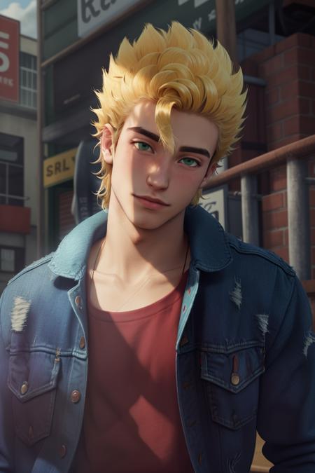 masterpiece, best quality, sam sdv, 1boy, solo, blonde hair, spiked hair, green eyes, denim jacket, red shirt, looking at viewer, upper body, collarbone, open jacket, portrait