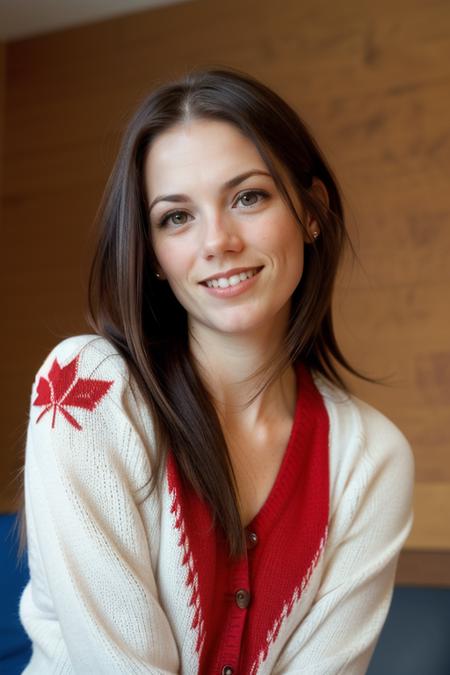 JamieSale, (shoulder-length hair, triangular hairdo, loose straight hair:1.2), smile:2, laughing:1.3, (red Canada maple-leaf sweater:1.3), Hasselblad H6D, portrait, natural lighting, oiled skin, perfect eye blush, long eyelashes, ((looking at viewer:1.4)), <lora:epiCRealismHelper:0.2>, <lora:hairdetailer:0.3>, Olympics, seated, Olympic Village, press conference, letterman jacket, detailed skin texture, (blush:0.5), (goosebumps:0.5), subsurface scattering, RAW candid cinema, 16mm, color graded portra 400 film, remarkable color, ultra realistic, textured skin, remarkable detailed pupils, realistic dull skin noise, visible skin detail, skin fuzz, dry skin, shot with cinematic camera, blue background