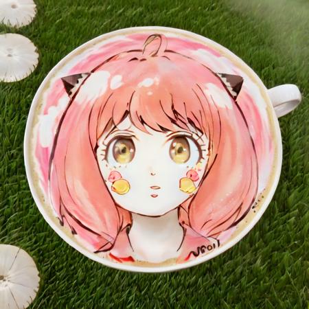 a cup of coffee with a drawing of a anya  on it,4k,a cute girl standing in water,lake,grassland,shining,surrounded by colorful bubbles,colorful,water splashing,detailed anime style,pink hair,school uniform,\(spy x family\),<lora:anya  (spy x family):1>, <lora:latte_art:0.8>