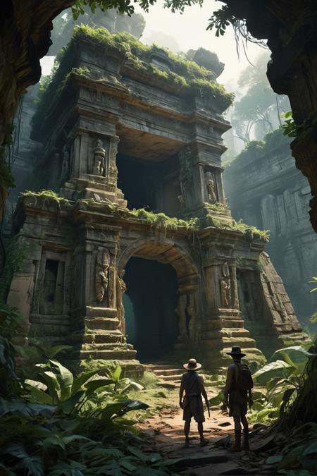 A fantastical, ancient, ruined city hidden deep in the jungle, where crumbling, vine-covered temples seem to be reclaimed by nature, as a group of adventurers in fedoras and bullwhips navigate treacherous, booby-trapped tunnels, and a massive, stone statue of a long-forgotten king comes to life, its eyes glowing with an otherworldly energy. 8K