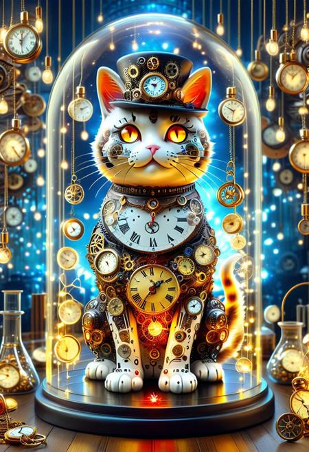 Clock_Style, Photorealistic full body portrait of steampunk inspired maneki-neko statue with a top hat and glowing amber eyes, sitting on a gold ingot, in a glass dome, wrapped in multicoloured fairy lights, surrounded by clocks and stopwatches