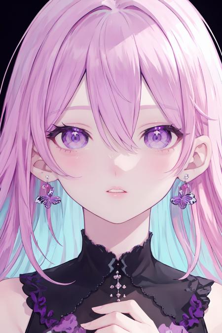 1girl,solo,bug,earrings,butterfly,looking at viewer,jewelry,parted lips,multicolored hair,purple eyes,portrait,bangs,holding,pink hair,purple hair,long hair,hair between eyes,close-up,to-style,beautiful eyes,