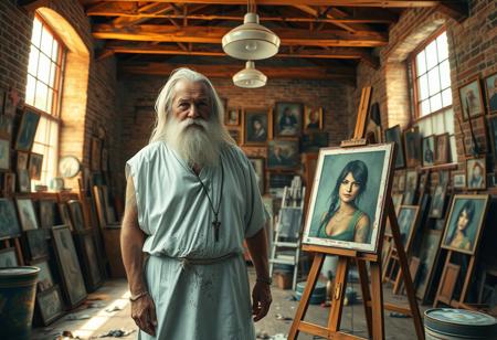 Image is a digital artwork featuring an elderly man standing in a chaotic art studio. He has long white unkempt hair and beard and wears a paint stained white tunic. The style is realistic with a focus on detailed textures and lighting. The layout includes the man in the foreground, standing next to an easel with a portrait of a woman, possibly Lara Croft.  The background shows a room with wooden beams, bare brick walls and small windows, allowing natural light to illuminate the space. The walls have many portraits and photographs on display. The overall composition is balanced, with a warm colour palette enhancing the dynamic and artistic theme of the image.