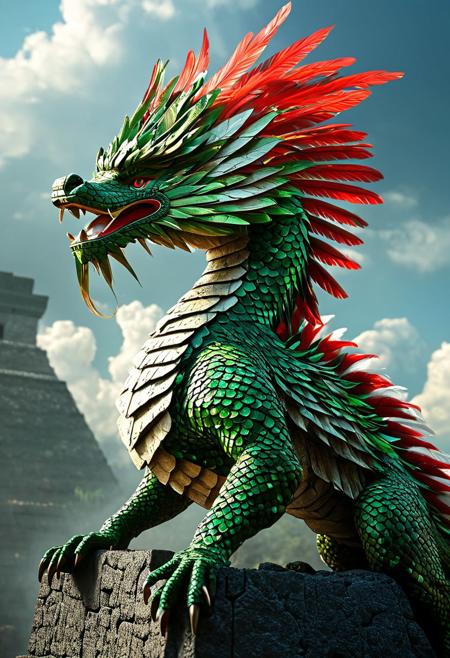capture a photo-realistic image of Quetzalcoatl like a  rising chinese dragon, no legs, adorned with green scales featuring intricate red and white patterning. Quetzalcoatl should have colorful, beautiful eyes and be depicted in a flying pose. Quetzalcoatl must be flying on the sky Between the clouds, over an aztec pyramid. Quetzalcoatl must be huge. Utilize cinematic lighting with Rembrandt lighting techniques to create depth and drama in the image. Incorporate volumetric lighting to enhance the atmosphere around Quetzalcoatl. The photograph should be taken with an aperture of F/2.8 to create a shallow depth of field and focus attention on the subject. Ensure maximum detail and ultra-realism in the rendering. Quetzalcoatl should be centered in the frame, commanding attention and exuding beauty and majesty. The overall composition should be visually captivating and showcase the intricate details of Quetzalcoatl
(Dramatic Lighting, Photography, 3D Illustration, Vibrant Colors, Exquisite Detail, Award Winning, Stunning)  <lora:MJ52:0.5> epiCPhoto