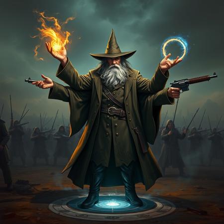 a wizard with four arms, wearing a detailed overcoat.
In one arm, he casts a spell, in the other a magic circle,
and in the other two arms, he holds firearms.
He is on a battlefield, the ground he steps on begins to shine