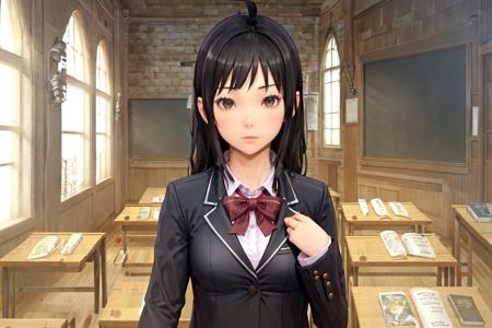 upper body, 1girl, solo, school uniform, black hair, book, brown eyes, classroom, chalkboard, long hair, window, blazer, indoors, jacket, bow, large breasts, <lora:ConceptionPlus:0.6>