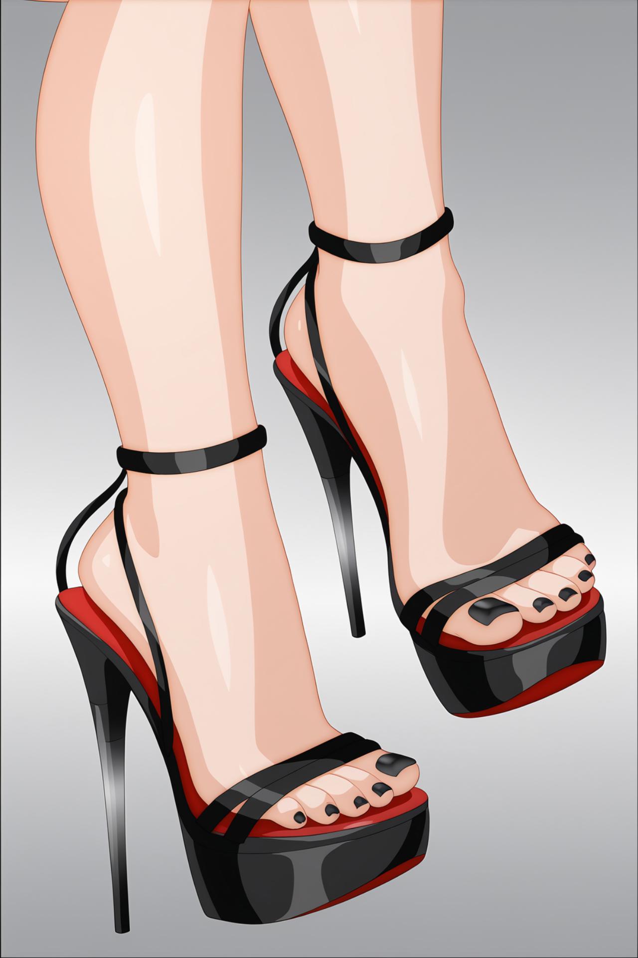 lltsfeets, 1girl, solo, simple background, black footwear, grey background, nail polish, feet, high heels, toes, gradient background, shadow, border, sandals, black nails, red footwear, toenails, close-up, out of frame, toenail polish, anklet, foot focus, black border, platform footwear, strappy heels, ankle strap, toe cleavage, 