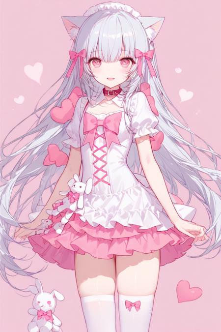 dress cat ears pink eyes heart-shaped pupils maid headdress hair bow