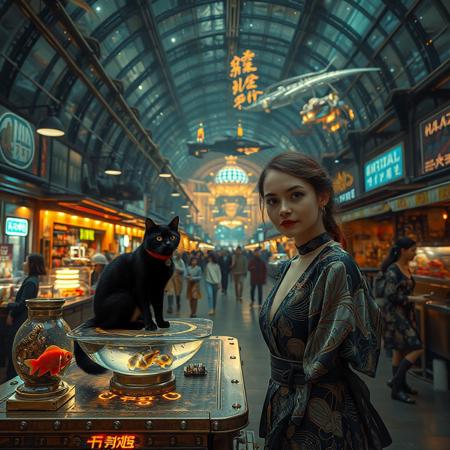 Setting is a futuristic shopping market at night in a huge under water domed building with fish and huge sea creatures visible through the transparent dome, the market is comprised of street vendors selling robot parts, food, weapons, and robots.  (((((CLASSICALLY STYLIZED LIGHTING AND ARCHITECTURE FROM CHINA INDIA JAPAN FRANCE EGYPT ROME AND GREECE))))), A gold fish bowl is on the table with a cat-fish) People wearing futuristic cyberpunk clothing are walking through the street market shopping and eating, A sleek black cat with red collar sits on a cluttered metal riveted desk with transparent top and micro-LED lighted computer components visible inside, On the desk is an ebony and gold maneki neko statue and futuristic art deco lighting, (((a beautiful woman, 24 years old, is standing in the foreground FACING THE VIEWER, she has an expression of interested curiosity)))))), the sleek black cat with red collar is sitting on the desk and watching the people walking by in the busy street market, the woman is dressed in futuristic cyberpunk ECLECTIC style yukata with a low neck line alluring aesthetic. An enormous art deco inspired starship with futuristic lighting and an enormous space station are visible in the background among the stars, The woman's hair is elegantly tied up with a ribbon. Artistic cyberpunk, dynamic perspective, (((overall architectural aesthetic is Art Deco Cyberpunk))).  Epic image that elicits a feeling of wonder and awe,