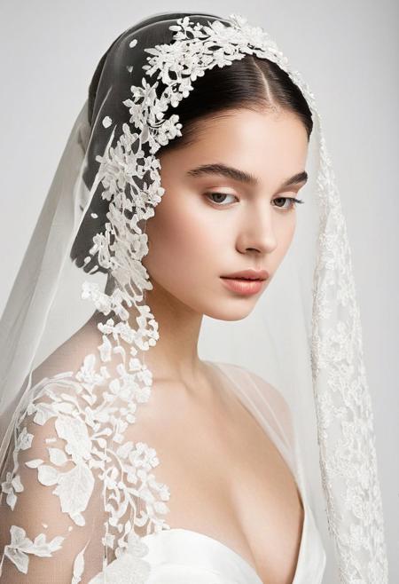 Capture a minimalist studio shoot featuring a beautiful Russian princess draped in a thick veil against a pristine white background, aiming for a fine art photography aesthetic. Utilize the veil as a symbolic element, obscuring the princess's form while allowing glimpses of her silhouette to be visible through the fabric. Employ minimalistic lighting to create soft, diffused shadows that accentuate the curves and contours of her body, lending an ethereal quality to the image. Through careful composition and attention to detail, evoke a sense of mystery and allure as the princess's figure is revealed in subtle yet captivating ways. Let the simplicity of the setting and the purity of the white background enhance the elegance and sophistication of the scene, creating a striking minimalist composition. Additionally, enhance the depth and dimensionality of the image with a 3D pop-up effect of the princess, drawing the viewer's eye to the intricacies of her long black hair and regal presence.