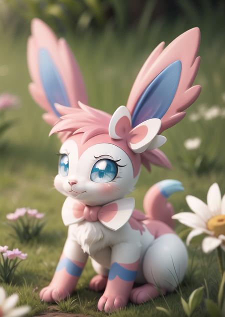 sylveon,animal focus,cute,nigth,grass,flowers,  <lora:Sylveon:0.75>