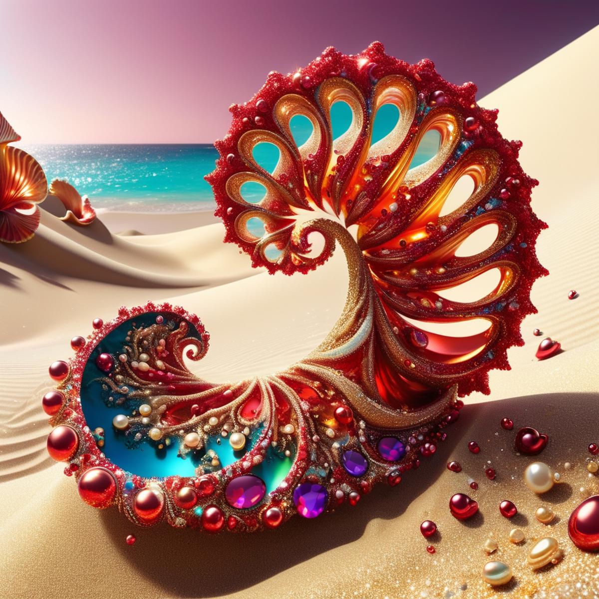 A colorful jewelry inspired design on a beach.