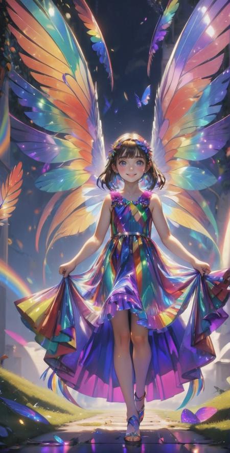 A girl was wearing a colorful dress with colorful patterns and lines. Behind her is a pair of super large colorful wings, each of which shines with different colors, such as red, orange, yellow, green, blue, purple, etc., giving people a dreamlike feeling. Some feathers are falling in the sky, and they also inherit the colorful colors of their wings and fall on the ground to form a beautiful rainbow path. The girl stood confidently, her eyes sparkling with courage and determination, her smile brimming with vigor and joy. The whole scene is full of fantasy and magic, showing the girl's unique personality and cool style.