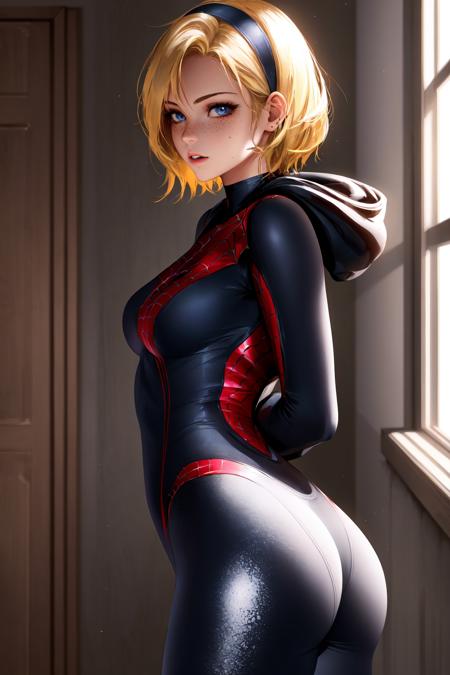 1girl, solo, looking at viewer, short hair, blue eyes, blonde hair, medium breasts, ass, hairband, parted lips, hood, bodysuit, skin tight, freckles, superhero, silk, spider web, ballet slippers, hooded bodysuit,(shiny skin:1.14),(mature female:1.3),(masterpiece:1.2),(best quality:1.2), <lora:liangxing-v1-nai-9ep-resize:0.7>