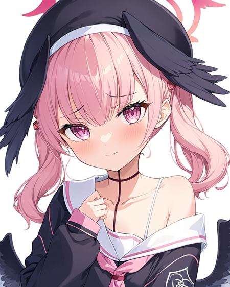 koharu \(blue archive\),1girl, solo, head_wings, twintails, halo, black_wings, blush, white_background, pink_neckerchief, looking_at_viewer, black_headwear, simple_background, beret, feathered_wings, white_sailor_collar, low_wings, upper_body, collarbone, long_sleeves, off_shoulder, closed_mouth, school_uniform, winged_hat, holding_gun
<lora:koharu_(blue_archive)_image2073_2023-11-18_spv:1>,halo,. gorgeous,key visual, vibrant, studio anime,award-winning, professional, highly detailed,high budget, cinemascope