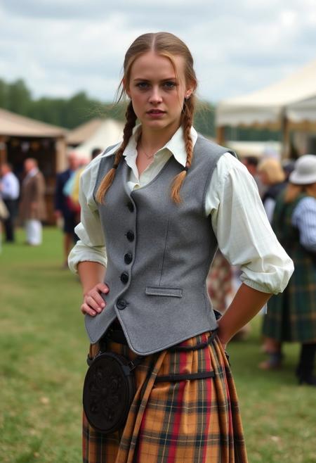 A masculine woman at a renaissance fair wearing a kilt, wide-collared shirt, and a grey spotted vest.