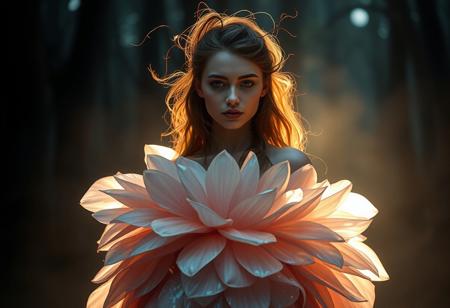 A young woman in a sculptural gown made of iridescent, translucent petals that radiate soft light. Her hair is styled with flowing organic tendrils, and she stands in a dark, misty forest. Subtle beams of moonlight break through the mist, casting gentle highlights on her serene expression.