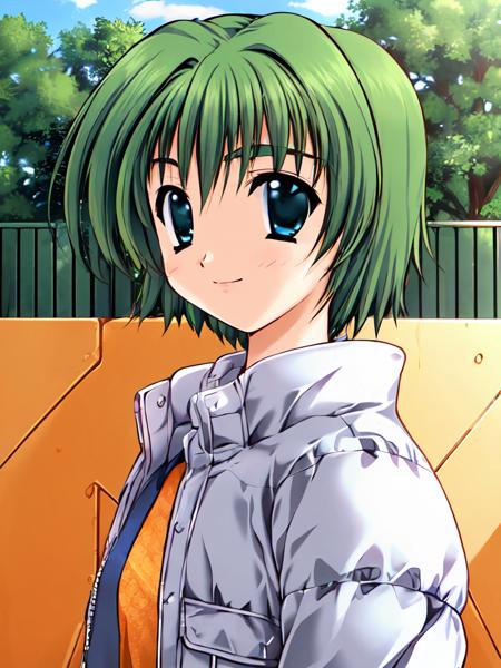 1girl, solo,solo focus,  ooba eimi, green hair, blue eyes,short hair, messy hair, green eyebrows,   teenage, 
facing viewer, smiley face, standing, 
(white down jacket:1.3), 
outdoors, 
 <lora:Eimi_chan_sama_V2:1>