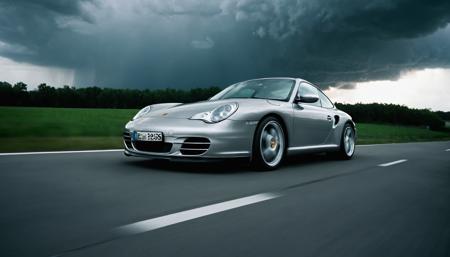wide-angle cinematic photo of a Porsche 911 996, light gray ambiance, thunderrstorm, in movement.