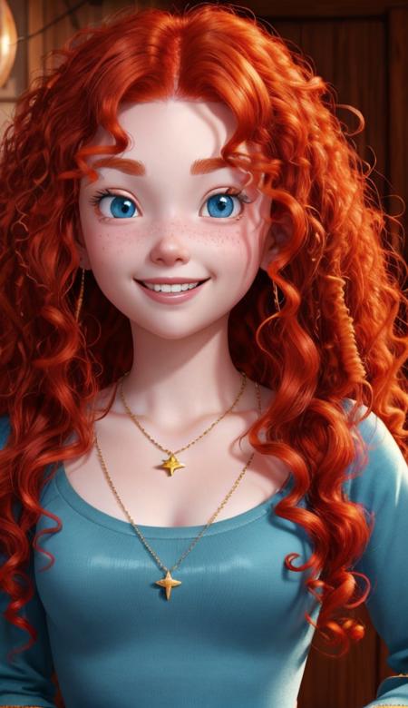 <lora:Merida:0.9> Curly red hair, blue eyes, thin eyebrows, light skin, gold necklace, smiling expression, detailed eyes, blushing cheeks, (pixar:1.1)