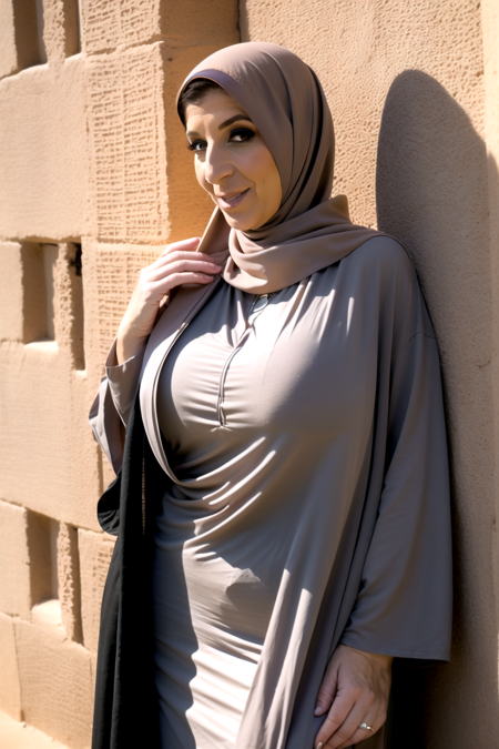 photo of woman, sarajay, mature, hijab, closeup, abaya, sfw, dress, brown hair, long hair, half body, body, high detailed skin, skin pores, sfw, desert, sand, arabic country, 8k uhd, dslr, soft lighting, high quality, film grain, Fujifilm XT3 <lora:SaraJay:1>