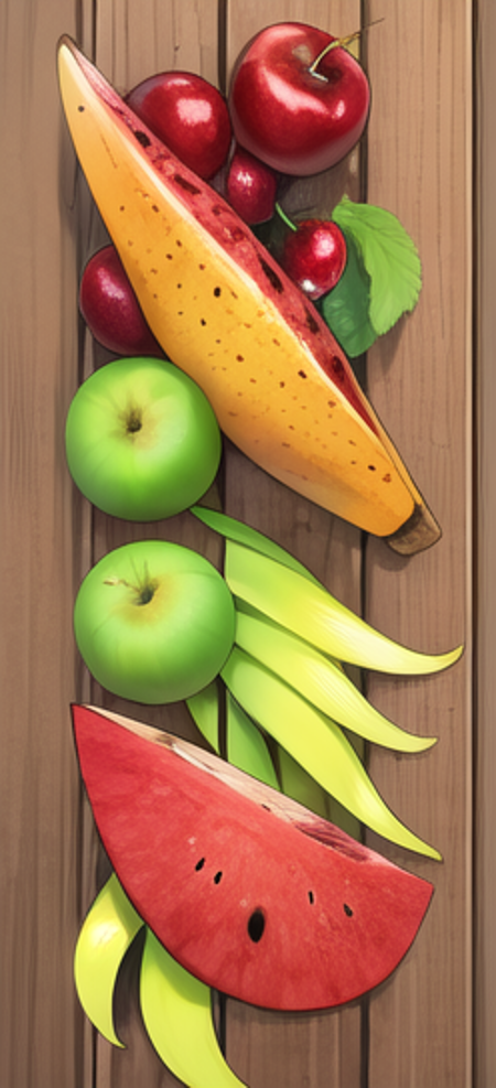 A banana, a pear, an apple, a watermelon, a cherry, a sweet potato,<lora:FoodAssets-15:1>,luxurious wooden table background